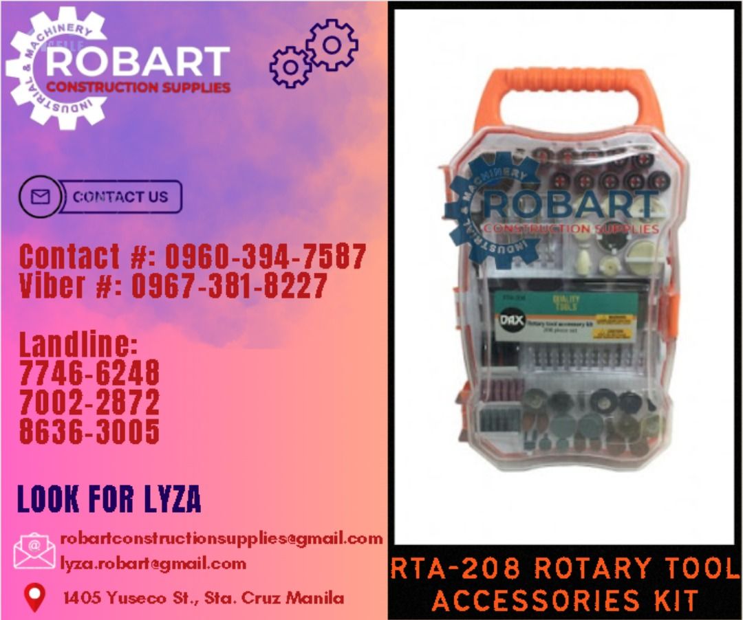 "DAX" ROTARY TOOL ACCESSORIES KIT (Category: Construction Tools & Equipment) located in Manila. Submitted by lyzarobart11 (Listing ID 1291805478, Image 2). Description: "DAX" ROTARY TOOL ACCESSORIES KIT RTA-72 - 320.00 RTA-208 - 600.00 𝐒𝐄𝐍𝐃 𝐔𝐒 𝐌𝐄𝐒𝐒𝐀𝐆𝐄 𝐅𝐎𝐑 𝐈𝐍𝐐𝐔𝐈𝐑𝐈𝐄𝐒 ‼️ 0 9 6 7 3 8 1 8 2 2 7 0 9 6 0 3 9 4 7 5 8 7 𝐋𝐚𝐧𝐝𝐥𝐢𝐧𝐞 𝐍𝐮𝐦𝐛𝐞𝐫𝐬: 𝟕 𝟕 𝟒 𝟔 - 𝟔 𝟐 𝟒 𝟖 / 𝟕 𝟎 𝟎 𝟐 - 𝟐 𝟖 𝟕 𝟐 / 𝟖 𝟔 𝟑 𝟔 - 𝟑 𝟎 𝟎 