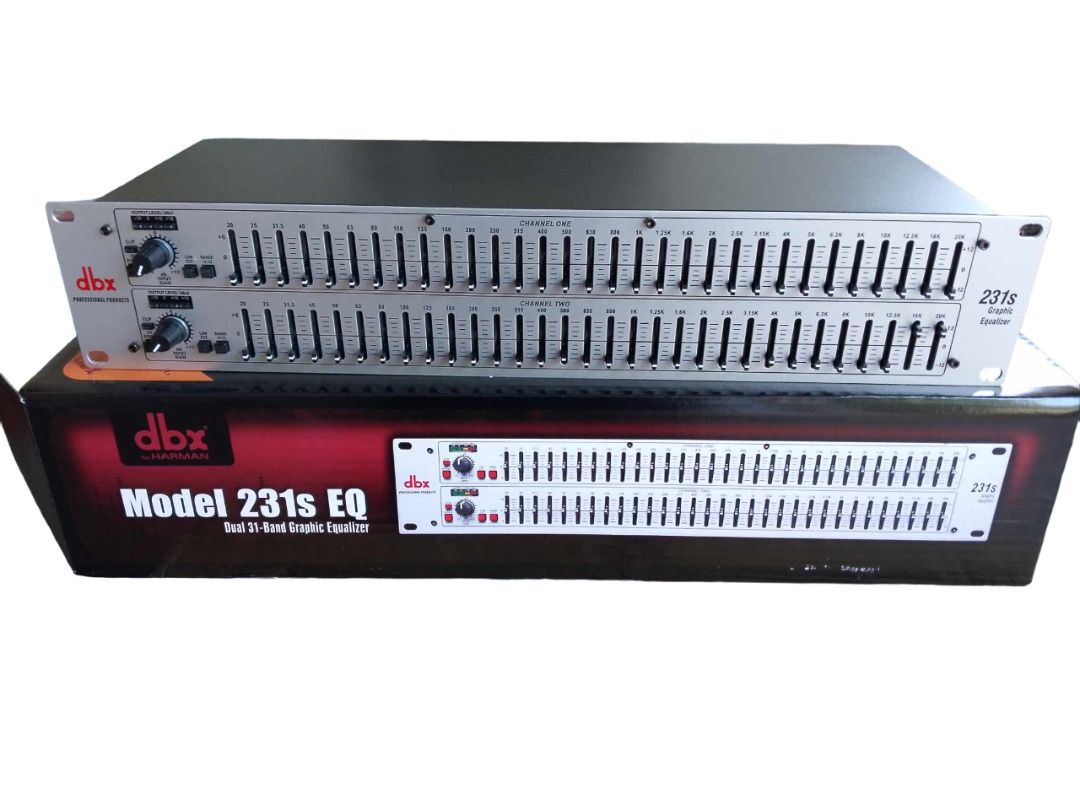 DBX 231S EQ Dual 31-Band Graphic Equalizer (Category: Other Accessories) located in Malabon City. Submitted by susan.maroga (Listing ID 1291786487, Image 2). Description: Features Dual 31-band, 1/3-octave Constant Q frequency bands Switchable boost/cut ranges of ±6 or ±12 dB Front panel bypass switch ±12 dB input gain range 4-segment LED ladders for monitoring output levels XLR and TRS Inputs and Outputs Frequency Response of <10Hz to >50kHz The 