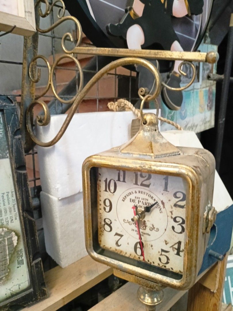 Gold Rustic Paris Metal Hanging Double Sided Clock (Category: Clocks) located in Quezon City. Submitted by thequaintshop (Listing ID 1291734660, Image 1). Description: Battery Operated AA 1 sold.