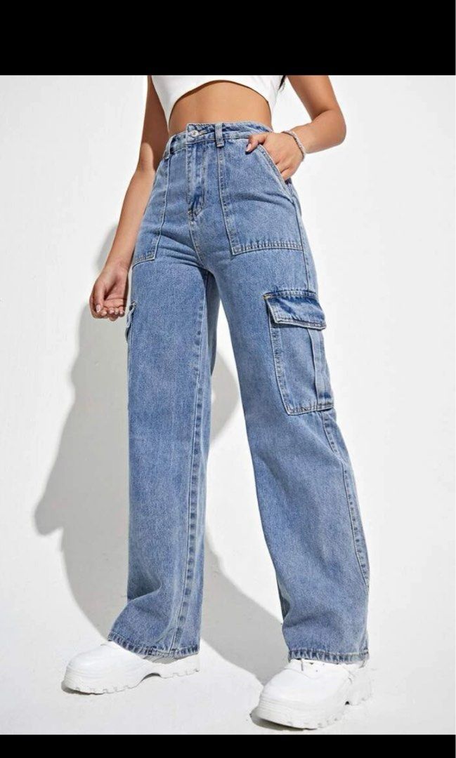 High Waist Flap pocket side Cargo Jeans, Women's Fashion, Bottoms, Jeans &  Leggings on Carousell