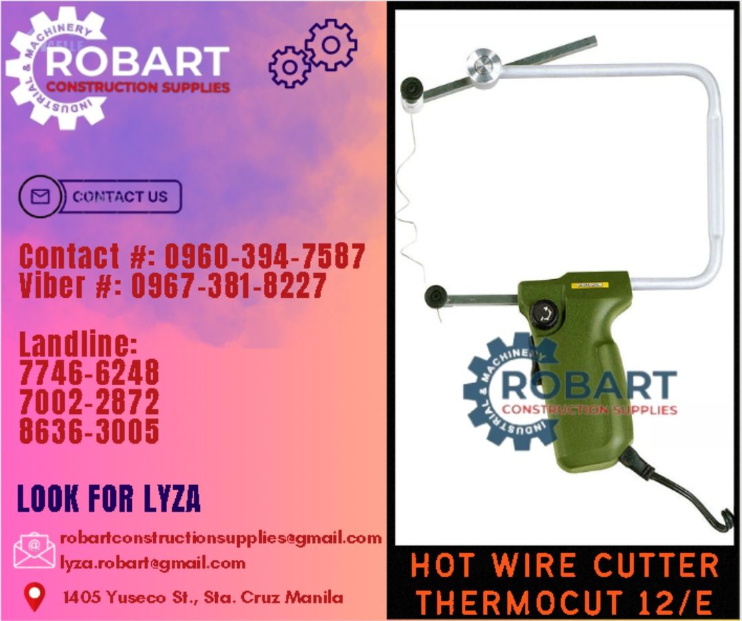 HOT WIRE CUTTER THERMOCUT 12/E (Category: Construction Tools & Equipment) located in Manila. Submitted by lyzarobart1999 (Listing ID 1291786015, Image 1). Description: HOT WIRE CUTTER THERMOCUT 12/E 12V Power: 60watts for cutting: Styrofoam Temperature: 150-350'C 𝐒𝐄𝐍𝐃 𝐔𝐒 𝐌𝐄𝐒𝐒𝐀𝐆𝐄 𝐅𝐎𝐑 𝐈𝐍𝐐𝐔𝐈𝐑𝐈𝐄𝐒 ‼️ 0 9 6 7 3 8 1 8 2 2 7 0 9 6 0 3 9 4 7 5 8 7 𝐋𝐚𝐧𝐝𝐥𝐢𝐧𝐞 𝐍𝐮𝐦𝐛𝐞𝐫𝐬: 𝟕 𝟕 𝟒 𝟔 - 𝟔 𝟐 𝟒 𝟖 / 𝟕 𝟎 𝟎 𝟐 - 𝟐 𝟖 𝟕 