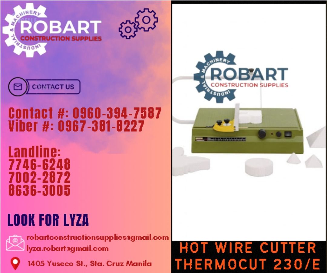HOT WIRE CUTTER THERMOCUT 230/E (Category: Construction Tools & Equipment) located in Manila. Submitted by lyzarobart1999 (Listing ID 1291783970, Image 1). Description: HOT WIRE CUTTER THERMOCUT 230/E 220volts 50/60Hz, Transformer secondary max. 10V 𝐒𝐄𝐍𝐃 𝐔𝐒 𝐌𝐄𝐒𝐒𝐀𝐆𝐄 𝐅𝐎𝐑 𝐈𝐍𝐐𝐔𝐈𝐑𝐈𝐄𝐒 ‼️ 0 9 6 7 3 8 1 8 2 2 7 0 9 6 0 3 9 4 7 5 8 7 𝐋𝐚𝐧𝐝𝐥𝐢𝐧𝐞 𝐍𝐮𝐦𝐛𝐞𝐫𝐬: 𝟕 𝟕 𝟒 𝟔 - 𝟔 𝟐 𝟒 𝟖 / 𝟕 𝟎 𝟎 𝟐 - 𝟐 𝟖 𝟕 𝟐 / 𝟖 𝟔 𝟑 