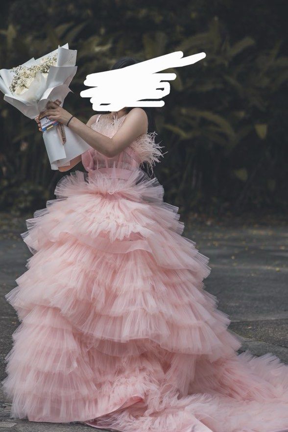 Huge fluffy pink tulle layered tiered Birthday Wedding Dress Ballgown bridal reception multi layered grand feathered