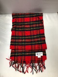 JOHNSTONS OF ELGIN Cashmere Lambswool Blend Plaid Tassel Scarf Scarves Red Knit Knitted Winter Snow
