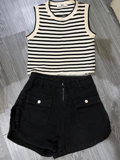 take both knitted top and black denim short