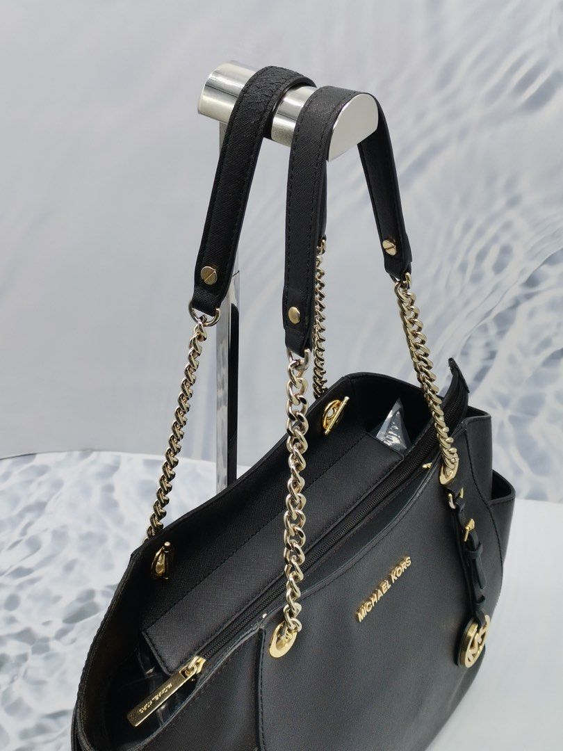 MICHAEL KORS JET SET TRAVEL BLACK SAFFIANO LEATHER TOTE GOLD CHAIN BAG Luxury Bags Wallets on Carousell