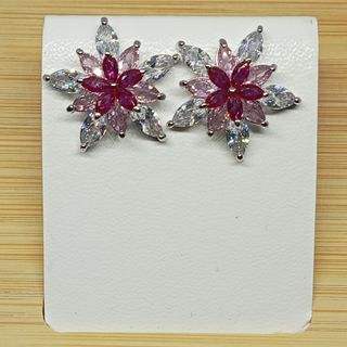 Moissanite clear white & pink diamond with ruby. 3 layer flower. 18K plated platinum. S925 needle. UV reactive.