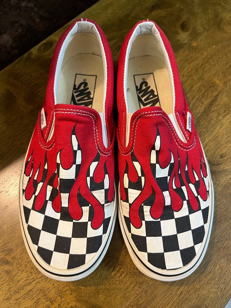 Vans Slip On Checker Flame Racing Red Women s Fashion Footwear Sneakers on Carousell