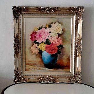 Vintage Bouquet of Roses Canvas Oil Painting Framed in White Gold Solidwood