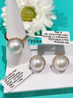 18k yg diamond pearl ring/earrings hk setting