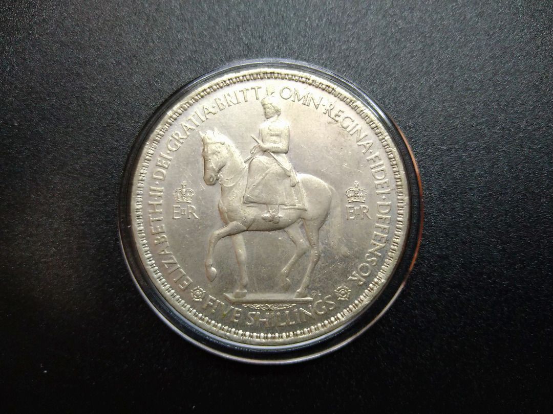 1953年英女皇加冕紀念幣5先令(標示價格為每1個) Elizabeth II 5 Shilling (1 Crown) (price per  coin), 興趣及遊戲, 收藏品及紀念品, 錢幣- Carousell