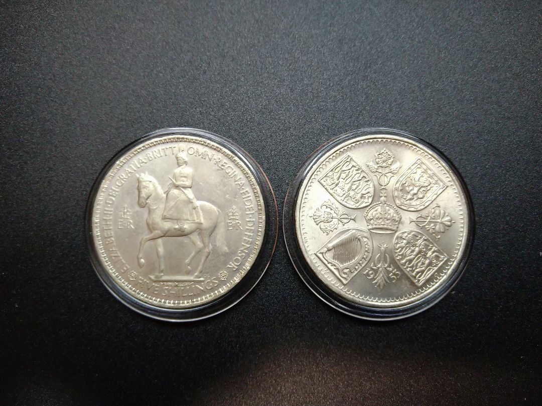 1953年英女皇加冕紀念幣5先令(標示價格為每1個) Elizabeth II 5 Shilling (1 Crown) (price per  coin), 興趣及遊戲, 收藏品及紀念品, 錢幣- Carousell
