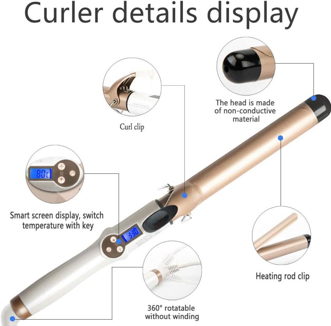 5687 Curling Tong BUDDYGO 28 mm Curling Iron Professional Curler Ceramic Tourmaline Coating with LCD Display Adjustable Temperature With UK Plug