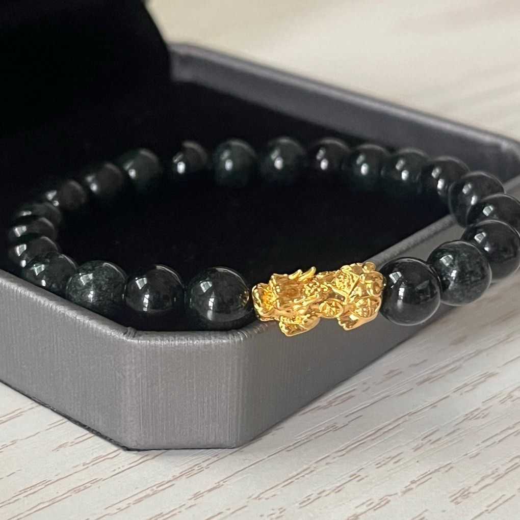 8mm Green Black Burmese Jade in 18K Genuine Golden Pixu Women s