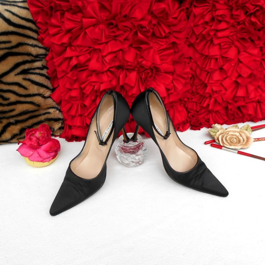 Authentic Manolo Blahnik Black Satin Ankle Strap 2 Look Work Cocktail Party Heels Women s Fashion Footwear Heels on Carousell