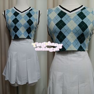 Avyanna Yuna Argyle Blue V Neck Tank Top and White Pleated High Waist  Skirt Coordinates Terno Set