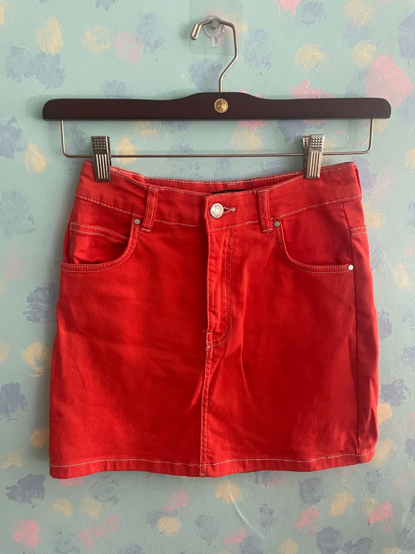 Red denim skirt bershka online
