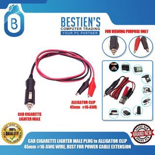 CAR CIGARETTE LIGHTER MALE PLUG to ALLIGATOR CLIP 45mm #16-AWG WIRE, BEST FOR POWER CABLE EXTENSION