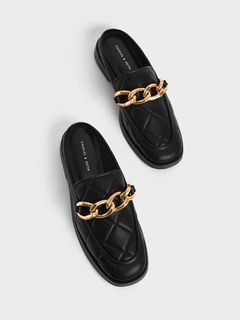 Charles & Keith Quilted Chain Loafer Mules - Black