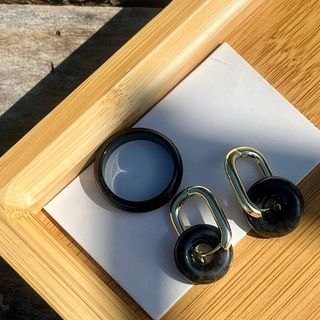 Classy Modern Earring + Ring  Type A  Black Jadeite Jade Set