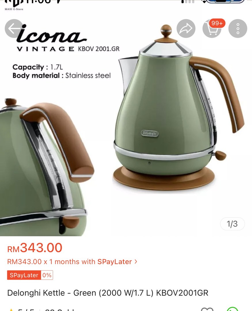 Delonghi Kettle Green (2000 W/1.7 L) KBOV2001GR, TV & Home Appliances