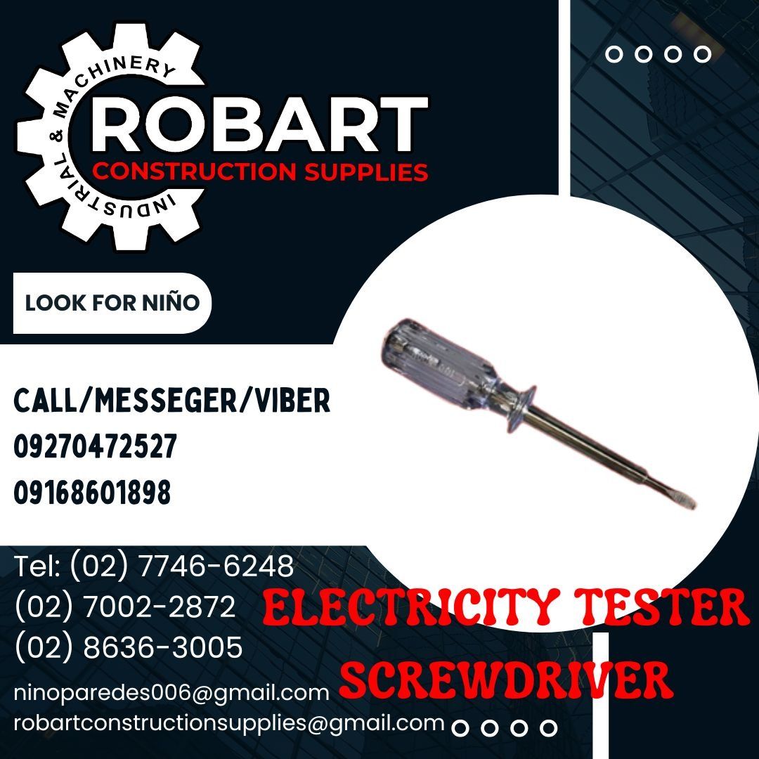 ELECTRICITY TESTER SCREWDRIVER (Category: Construction Tools & Equipment) located in Manila. Submitted by ninoparede24925 (Listing ID 1291909050, Image 1). Description: ELECTRICITY TESTER SCREWDRIVER 100-1000V small - - FOR INQUIRES: 𝓟𝓵𝓮𝓪𝓼𝓮 𝓬𝓪𝓵𝓵 :09270472527 09168601898 Look for:Niño Paredes Tel: (02) 7746-6248 (02) 7002-2872 (02) 8636-3005 𝑴𝒂𝒏𝒊𝒍𝒂 𝑶𝒇𝒇𝒊𝒄𝒆: 1405 𝒀𝒖𝒔𝒆𝒄𝒐 𝒔𝒕 𝑺𝒕𝒂 𝑪𝒓𝒖𝒛. 𝑴𝒂𝒏𝒊𝒍𝒂 #RobartConstructi