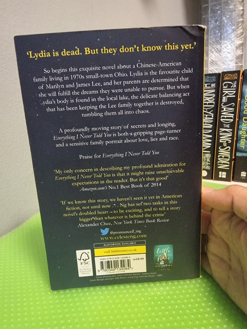 Everything I never told you by Celeste Ng (Category: Storybooks) located in Pasig City. Submitted by nethz21 (Listing ID 1292064516, Image 3). Description: Authentic Pre-loved Book UK Edition Spine creases.