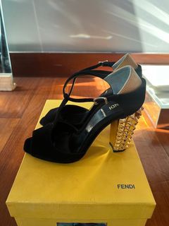 Fendi Black/Gold Suede And Embossed Leather Studded Heel T-Strap Sandals