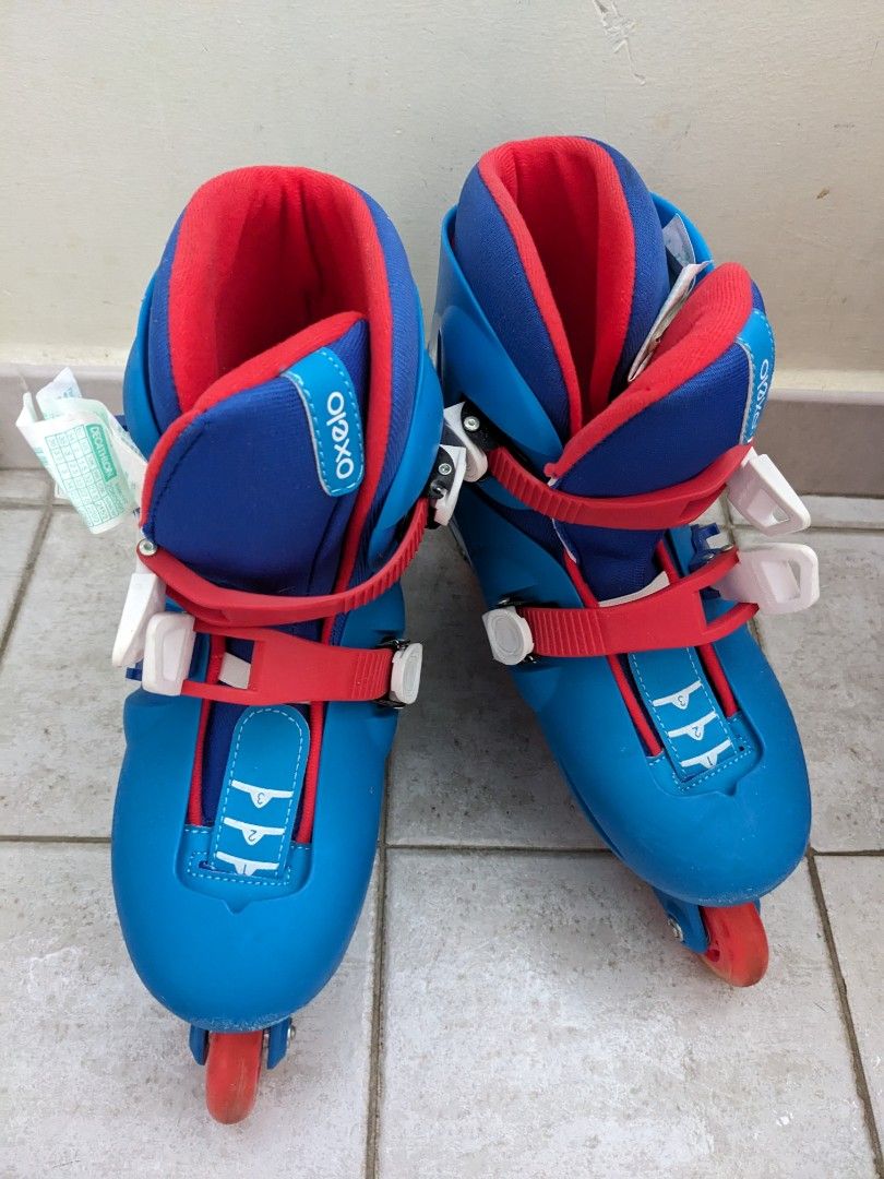 Inline skates (Category: Skates, Rollerblades & Scooters) located in Singapore. Submitted by gemwen (Listing ID 1291911745, Image 1). Description: Decathlon kids inline skates, wore <5 times as kid outgrown the size. size EU 34-36 (21.5-22.5cm) fixed price.