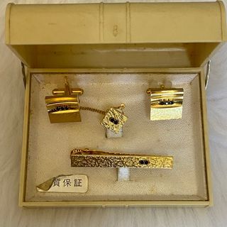Japan Vintage Gold Tone Black Crystal Cuff Links Tie Clip Set