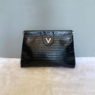 Mario Valentino Vintage Black Logo Embossed Leather Clutch Bag