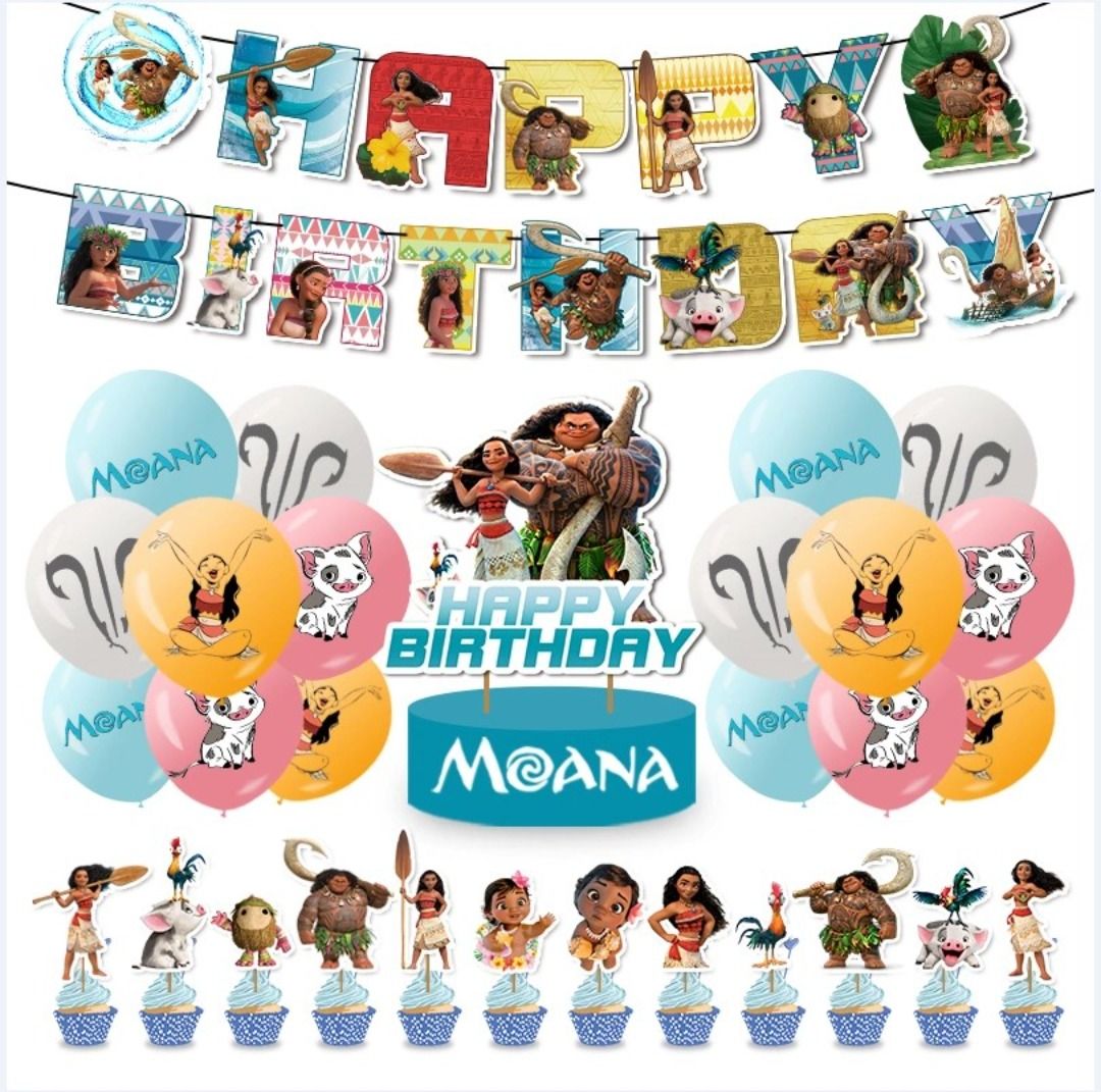Moana Birthday Theme: HBD Banner, Cake Toppers & Theme Balloons