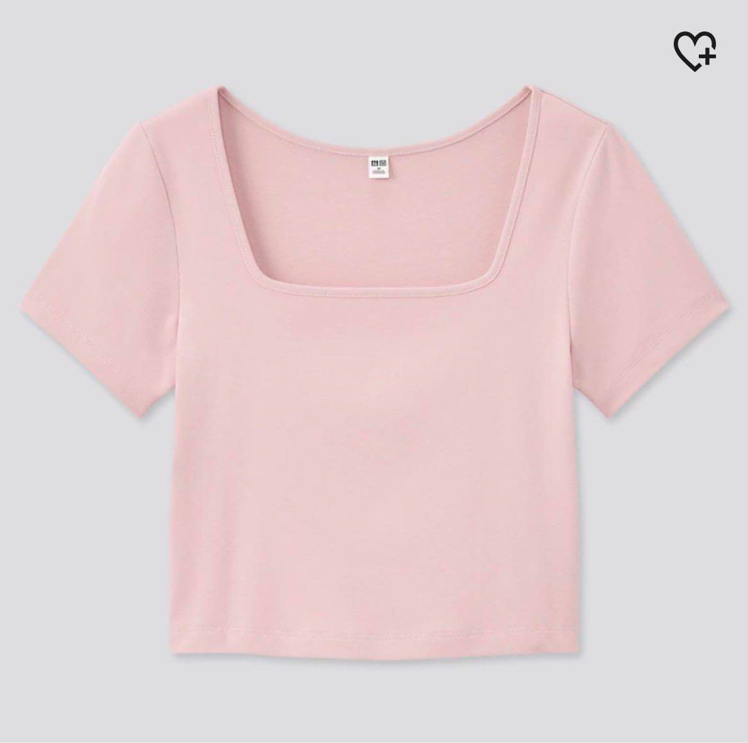 UNIQLO PINK SQUARE NECK SHORT SLEEVE CROPPED T-SHIRT, Women's Fashion,  Tops, Blouses on Carousell
