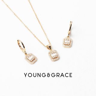 Young & Grace Rose Gold Plated Cubic Zircon Crystal Square Design Necklace + Hoop Drop Earrings Jewelry Set