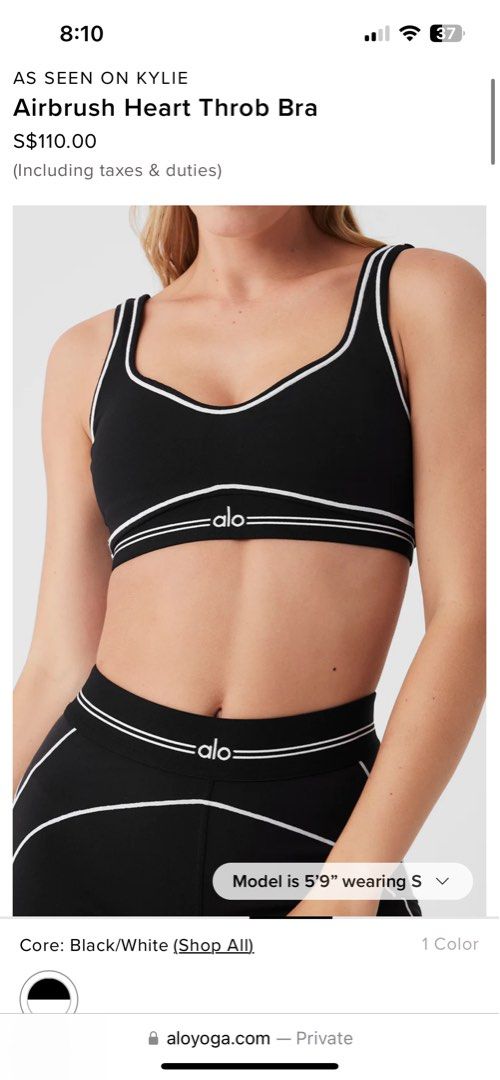Alo yoga air brush heart throb black bra, Women's Fashion