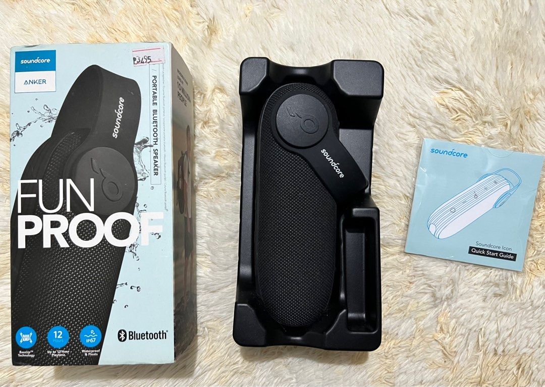 Anker Fun Proof Bluetooth speaker (Category: Soundbars, Speakers & Amplifiers) located in Caloocan City. Submitted by stay_sassy (Listing ID 1296156334, Image 1). Description: Authentic Anker Speaker bought 3,495 selling it half the price now. With box and manual yung cord na charger nawala pero android lang naman to kaya pwede na yung cord ng cp charger nyo. 12hrs playtime Bass Up technology kahit maliit pero malakas to Waterproof and floats.
