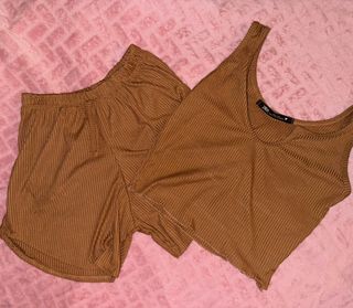 Brown sleeveless crop top and shorts set