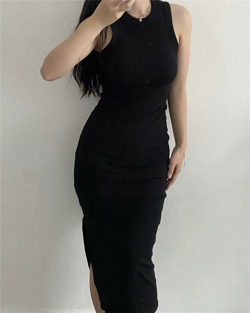 Cotton On Bodycon Ribbed Midi Slit Black Dress, Women's Fashion