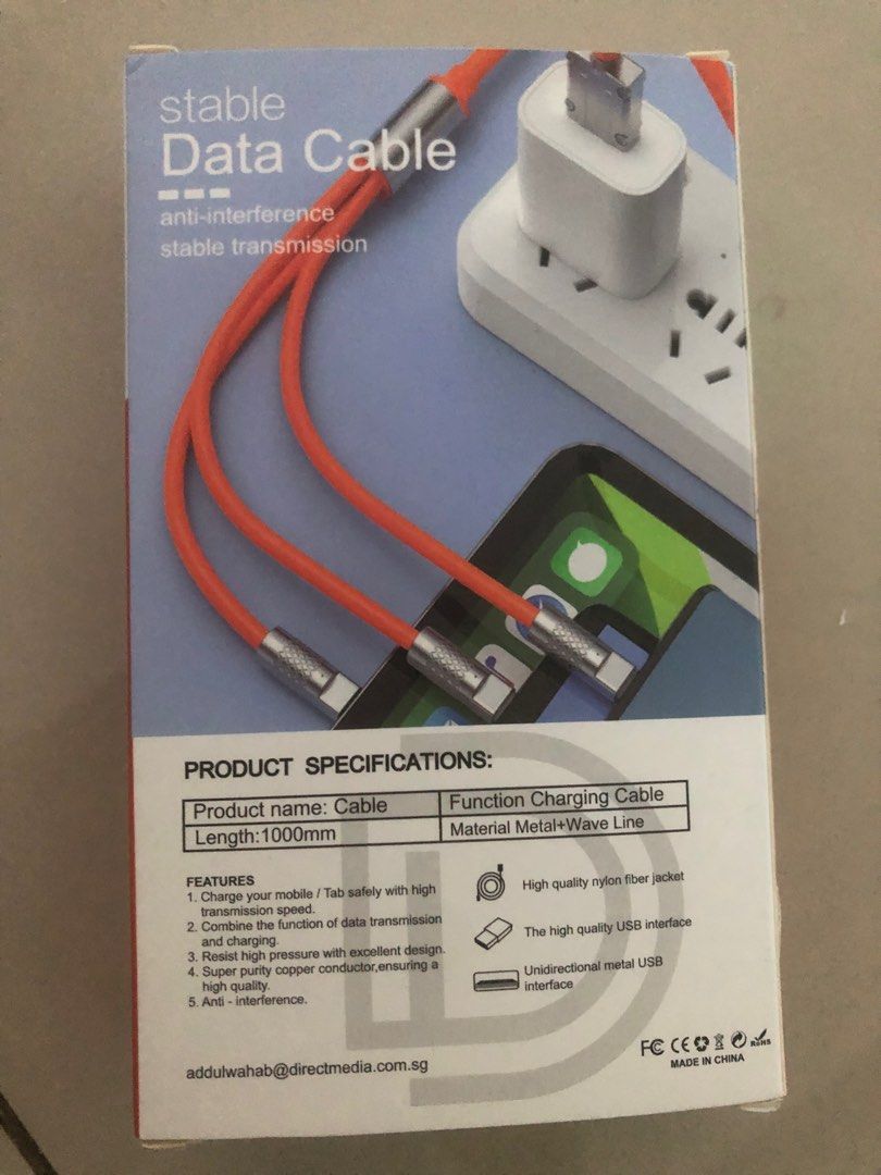 Data cable (Category: Cables & Adaptors) located in Singapore. Submitted by fiercepenguin.0754f5 (Listing ID 1296105418, Image 2). Description: Direct media Data cable , Charge your mobile / tab , combine the function of data transmission and charging , super purity copper conductor , anti -interference ….