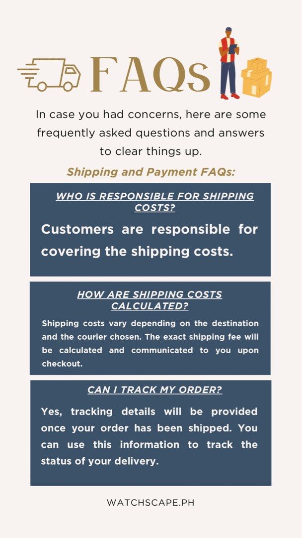 Explore Our Return, Exchange, Warranty, Shipping, and Payment FAQs! (Category: Announcements) located in Cavite. Submitted by WatchScape.ph (Listing ID 1296068867, Image 2). Description: 🔍 Curious about our return, exchange, warranty, shipping, and payment policies? Find all your answers here! Check out our comprehensive FAQs below to learn more about how we handle returns, exchanges, warranty claims, shipping options, and accepted payment metho
