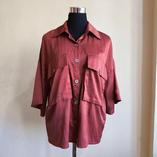 Kimono Style Rose Pink Buttondown Top with Pockets