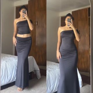 ❗️SALE❗️Most Elegant and Sexy Three / Four Ways to Wear Dark Grey / Gray One side Off Shoulder Asymmetric Top and Maxi Long Skirt Coordinates Set / Long Dress