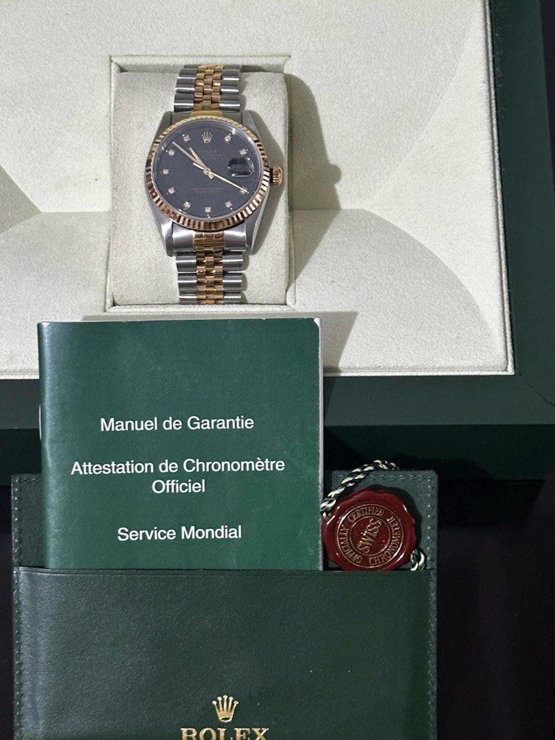 Rolex Oyster Perpetual Datejust 36 mm (Category: Luxury Watches) located in Manila. Submitted by bagislifeshop (Listing ID 1296183097, Image 1). Description: ☑️Available in Manila ✅Condition: 8.8/10 ✅Colour: Two tone, dark green dial with diamonds ✅Size: 19 cm ✅Date: 2000 ✅Inclusion: Box and guarantee manual w/ seal tag .