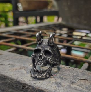 stainless matte oxidized demon skull ring