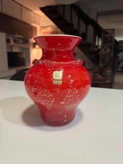 Vintage Murano Ox Blood and White Glass Gold Flecks Diamond Vase