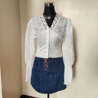 White Lace Lantern Sleeves Shirred Smocked Button Down Top