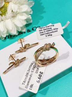 18k yg set diamond knot earrings/ring HK setting