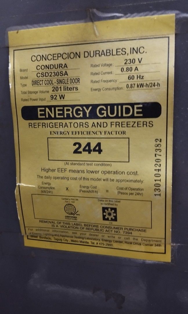 Condura Refrigerator direct cooling (Category: Refrigerators and Freezers) located in Quezon City. Submitted by dkpestcontrolservices (Listing ID 1297577595, Image 3). Description: CONDURA REFRIGERATOR Direct Cool - Single Door 201 Liters Capacity 92 wattage 4.5ft Tall 50 cm width Non Inverter Wala na ung door cover sa freezer other details nasa pic and actual picture posted narin po. Good running condition No issue, may rusty stain lang or peeli