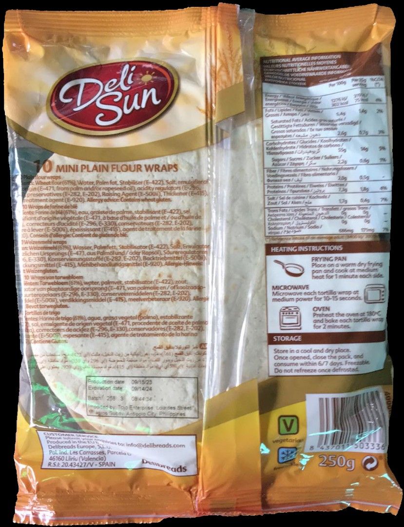 Deli Sun Mini Plain Flour Wraps 250g (10 Wraps) (Category: Packaged & Instant Food) located in Manila. Submitted by rotalie (Listing ID 1297555446, Image 2). Description: Deli Sun Mini Plain Flour Wraps 250g (10 Wraps) #inManila #inQC #inMandaluyong #inMakati #inTaguig #inPasig #inMarikina #inCainta #inAntipolo Delivery thru Lalamove or Grab express c/o buyer from Sampaloc Manila. Payment via bank transfer or GCash before shipping :) For further 