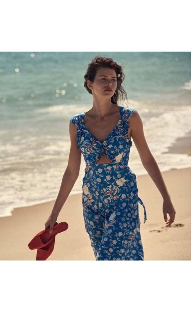 blue dress pink flowers Palmer Floral Poplin Tiered Maxi Dress